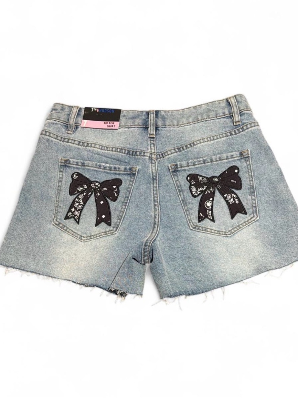 7 For All Mankind Light Blue Denim Shorts with Black Bow Patches